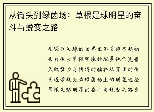从街头到绿茵场：草根足球明星的奋斗与蜕变之路