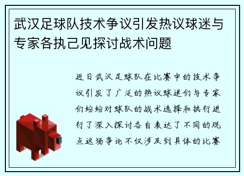 武汉足球队技术争议引发热议球迷与专家各执己见探讨战术问题