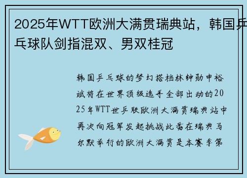 2025年WTT欧洲大满贯瑞典站，韩国乒乓球队剑指混双、男双桂冠